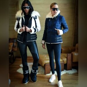 Blanc Noir Moto Aviator Black Puffer Jacket with Cream Faux Fur